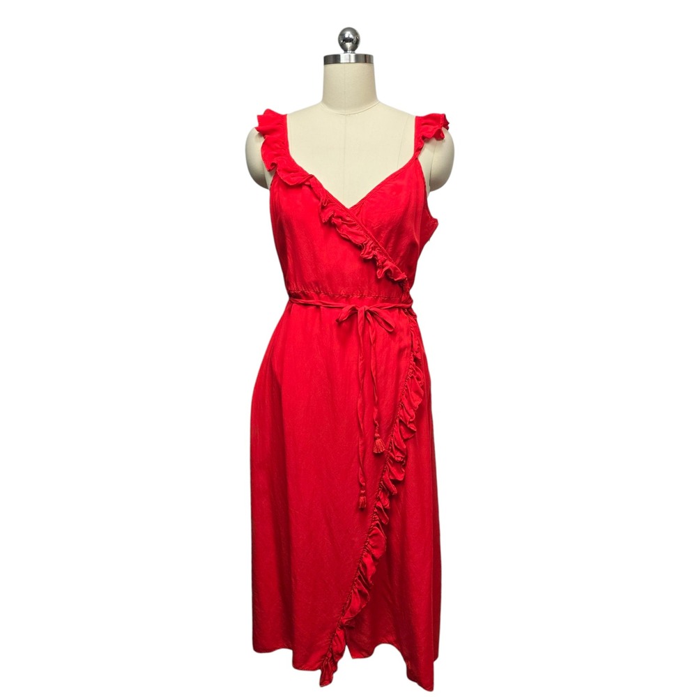 Madewell Red Ruffle Wrap Midi Dress Women Size 8 V Neck Sleeveless Tie Waist‎